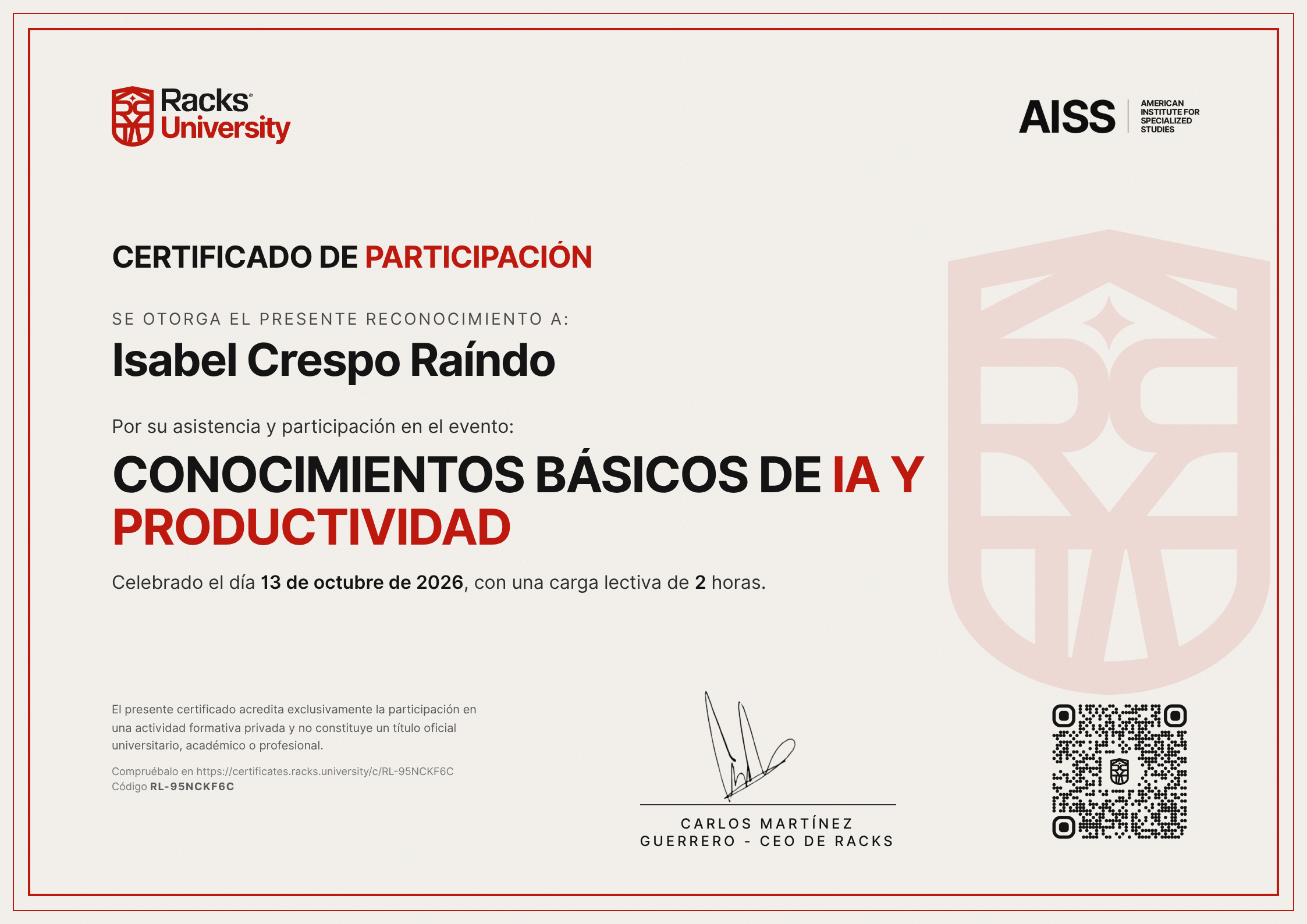 Certificado de Conocimientos básicos de IA y Productividad a nombre de Isabel Crespo Raíndo